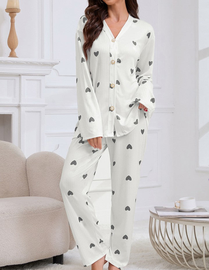 Heart Print V Neck Long Sleeve Pajama Set - Grey
