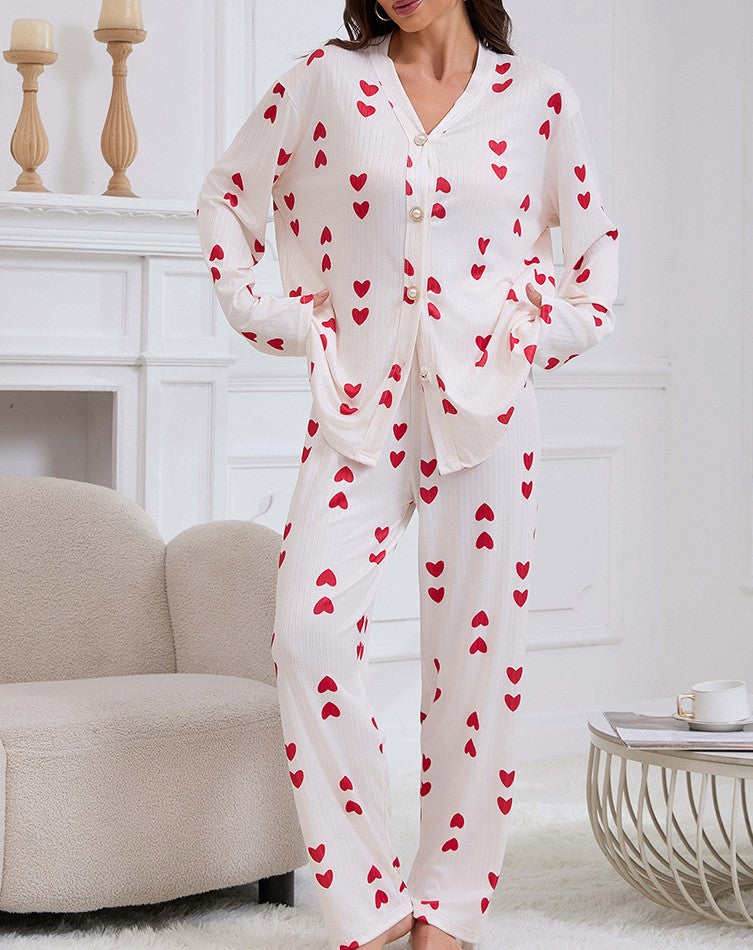 Heart Print V Neck Long Sleeve Pajama Set - Red