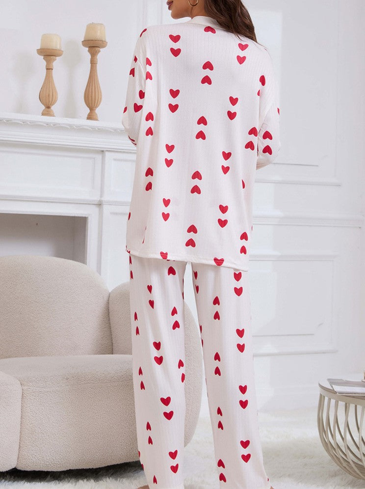 Heart Print V Neck Long Sleeve Pajama Set - Red - 1