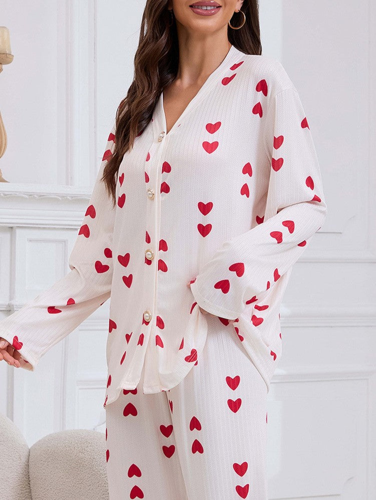 Heart Print V Neck Long Sleeve Pajama Set - Red - 2