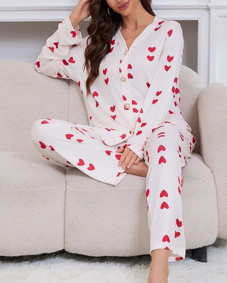 Heart Print V Neck Long Sleeve Pajama Set