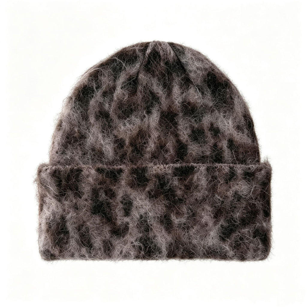 Fuzzy Leopard Knit Beanie With Folded Cuff - Grey