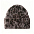 Fuzzy Leopard Knit Beanie With Folded Cuff - Grey