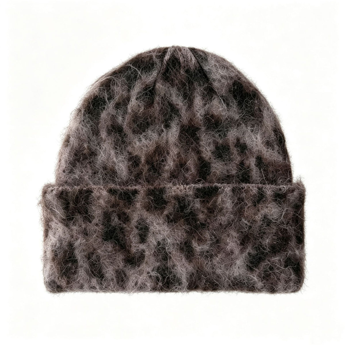 Fuzzy Leopard Knit Beanie With Folded Cuff - Grey