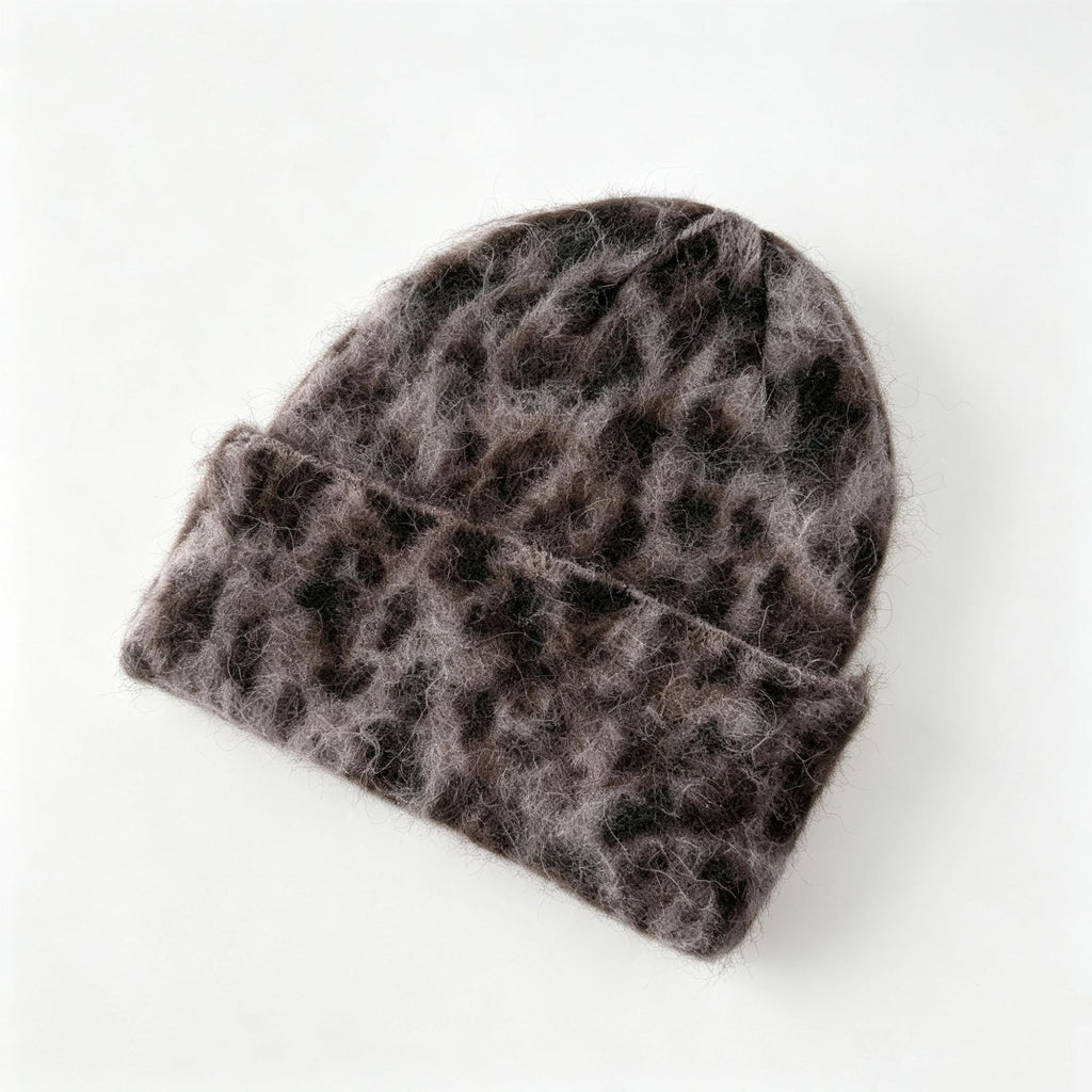 Fuzzy Leopard Knit Beanie With Folded Cuff - Grey - 1