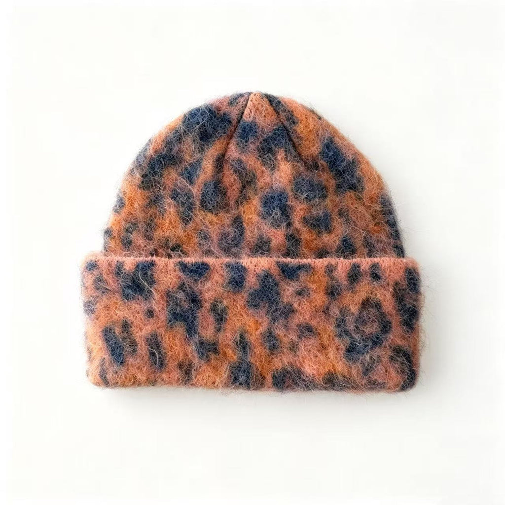 Fuzzy Leopard Knit Beanie With Folded Cuff - Orange