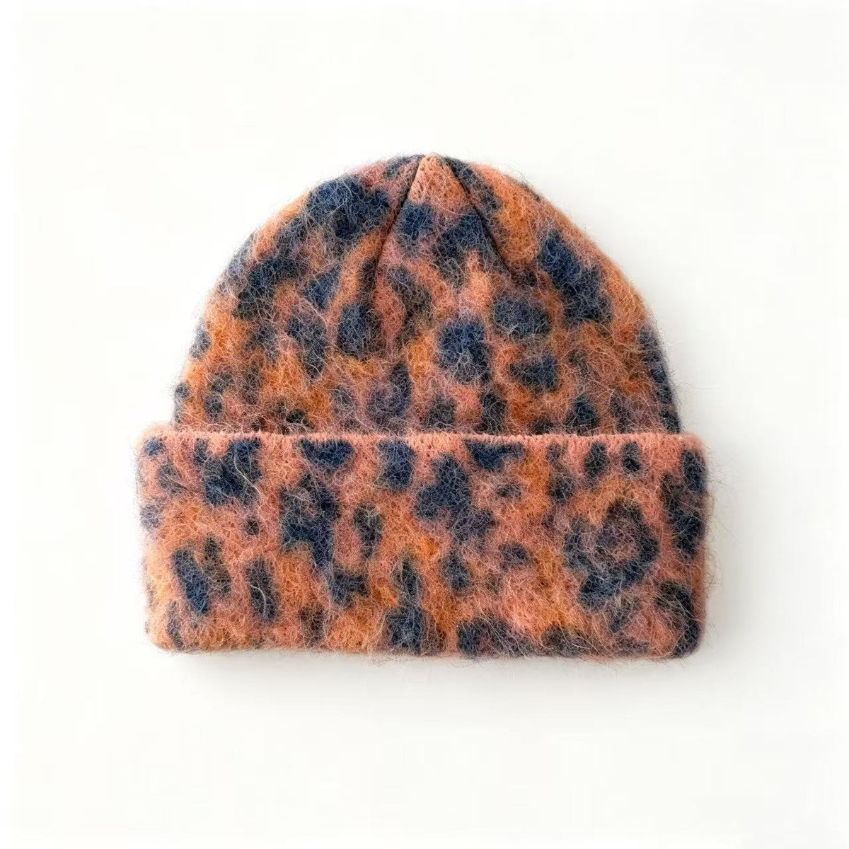 Fuzzy Leopard Knit Beanie With Folded Cuff - Orange