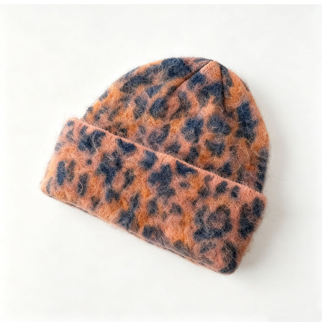 Fuzzy Leopard Knit Beanie With Folded Cuff - Orange - 1
