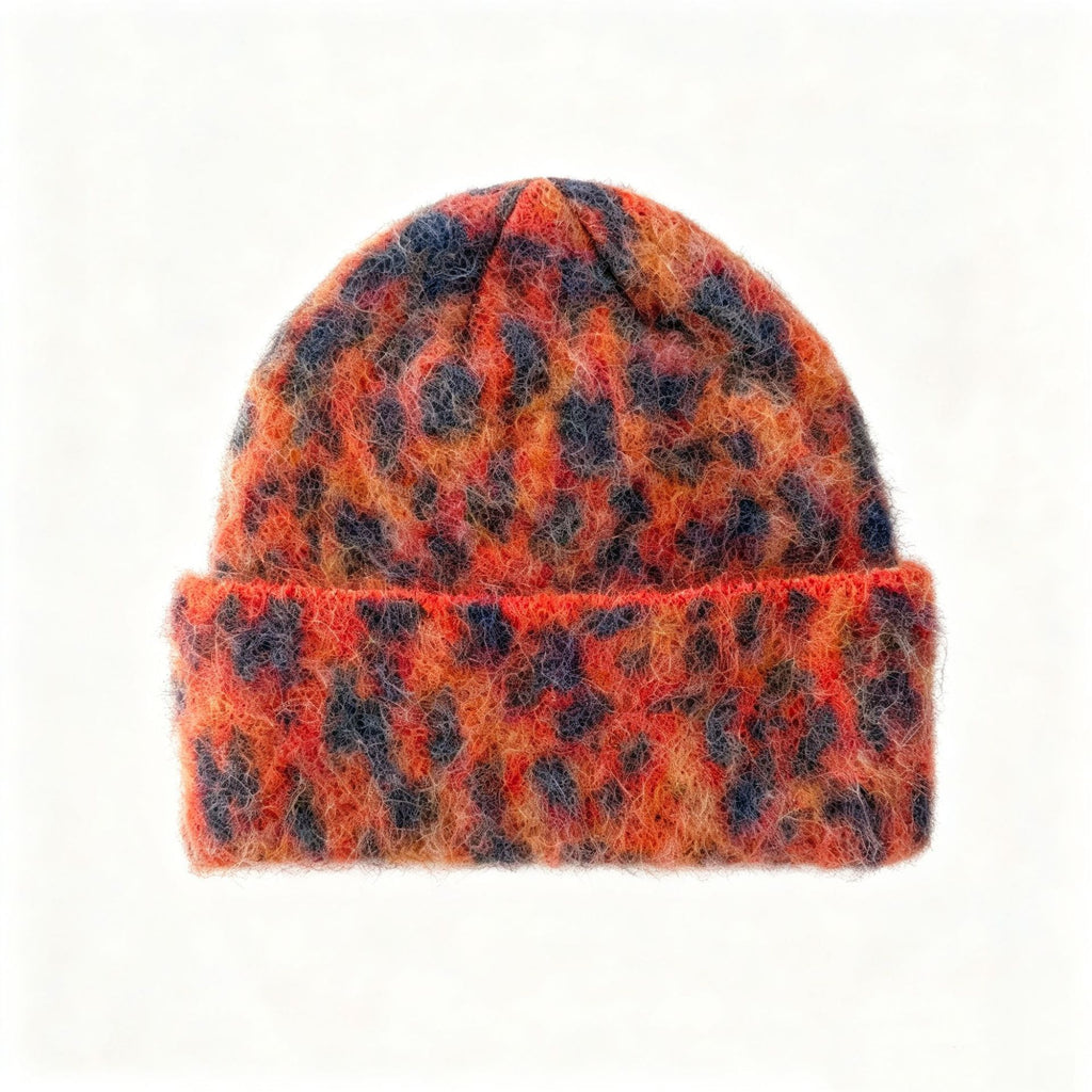 Fuzzy Leopard Knit Beanie With Folded Cuff - Red