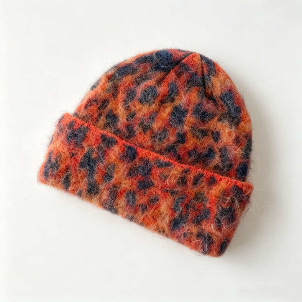 Fuzzy Leopard Knit Beanie With Folded Cuff - Red - 1