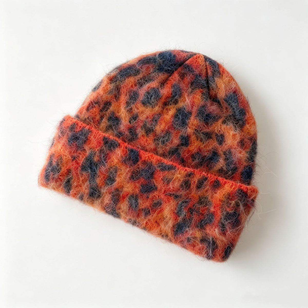 Fuzzy Leopard Knit Beanie With Folded Cuff - Red - 1