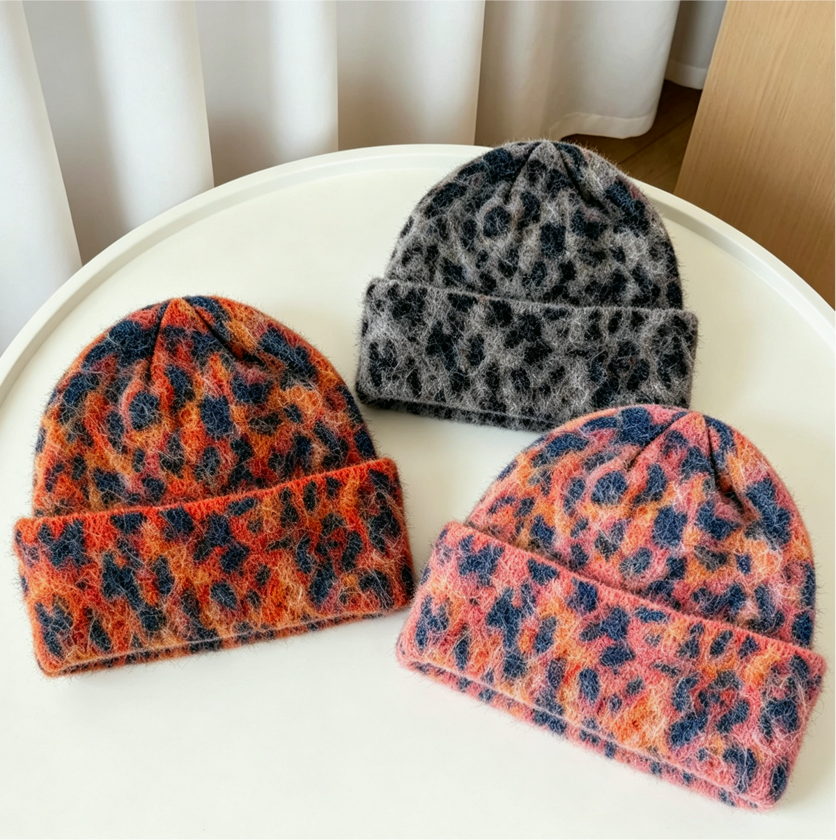 Fuzzy Leopard Knit Beanie With Folded Cuff - Red - 3