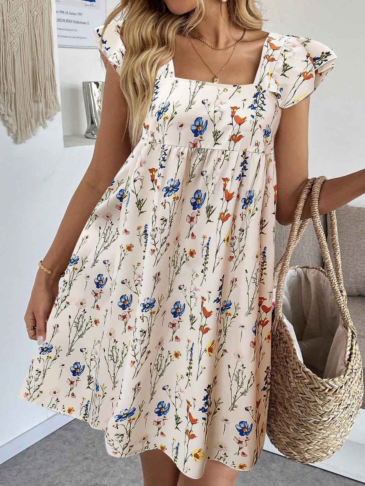 Square Neck Ditsy Floral Babydoll Mini Dress - Apricot