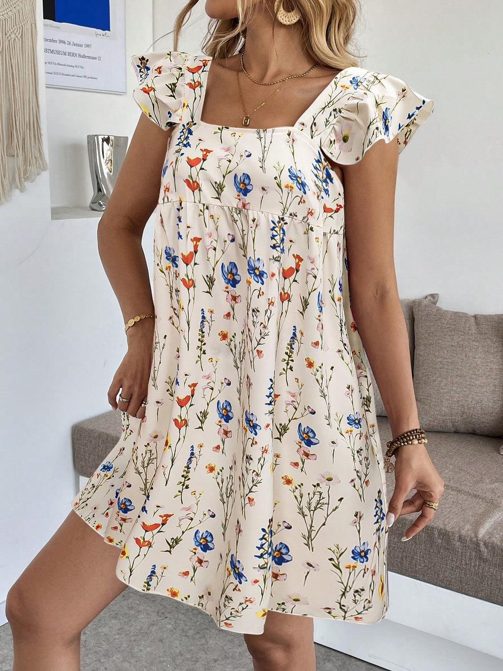 Square Neck Ditsy Floral Babydoll Mini Dress - Apricot - 1