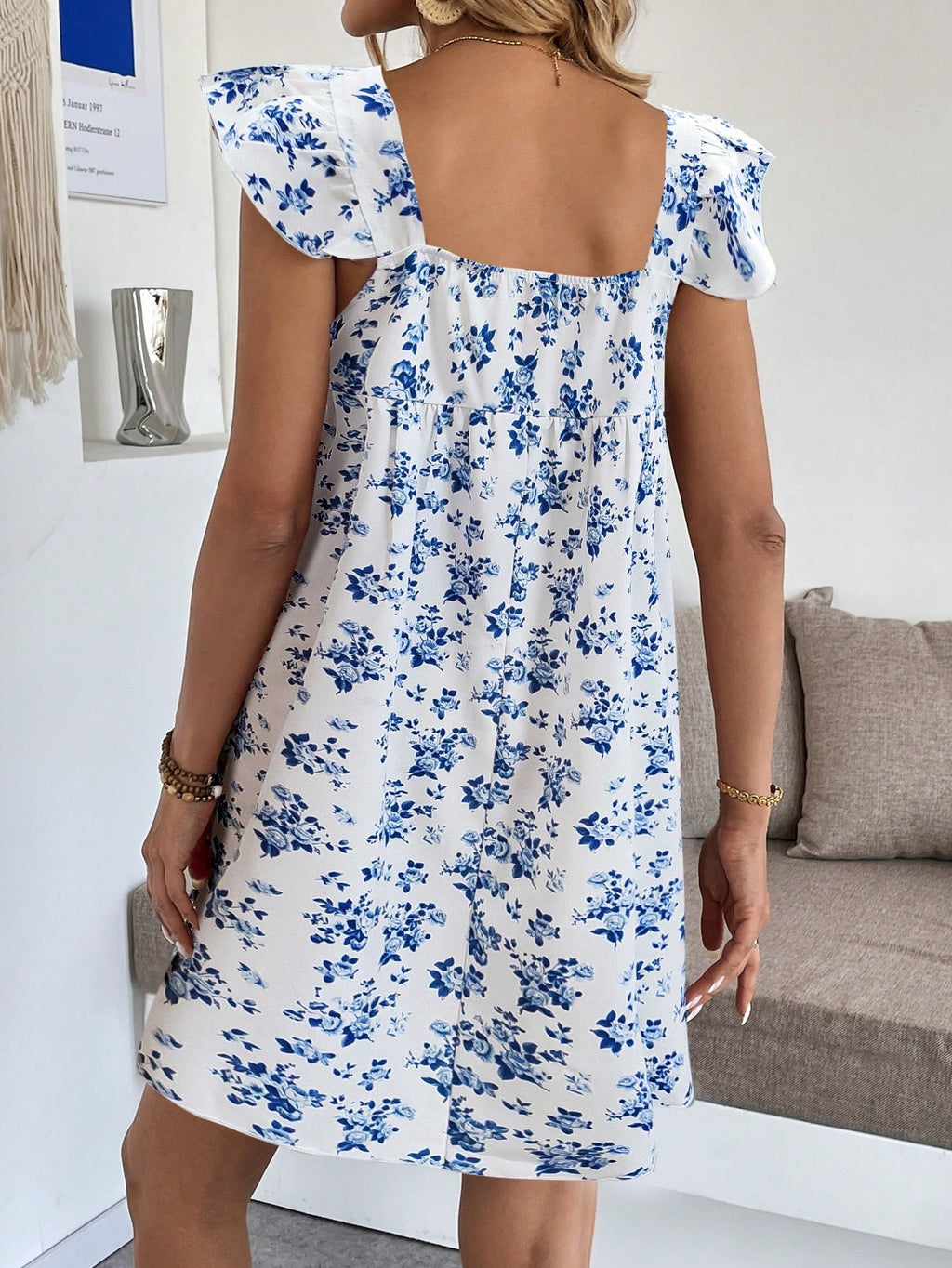 Square Neck Ditsy Floral Babydoll Mini Dress - Blue - 4