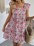 Square Neck Ditsy Floral Babydoll Mini Dress - Red