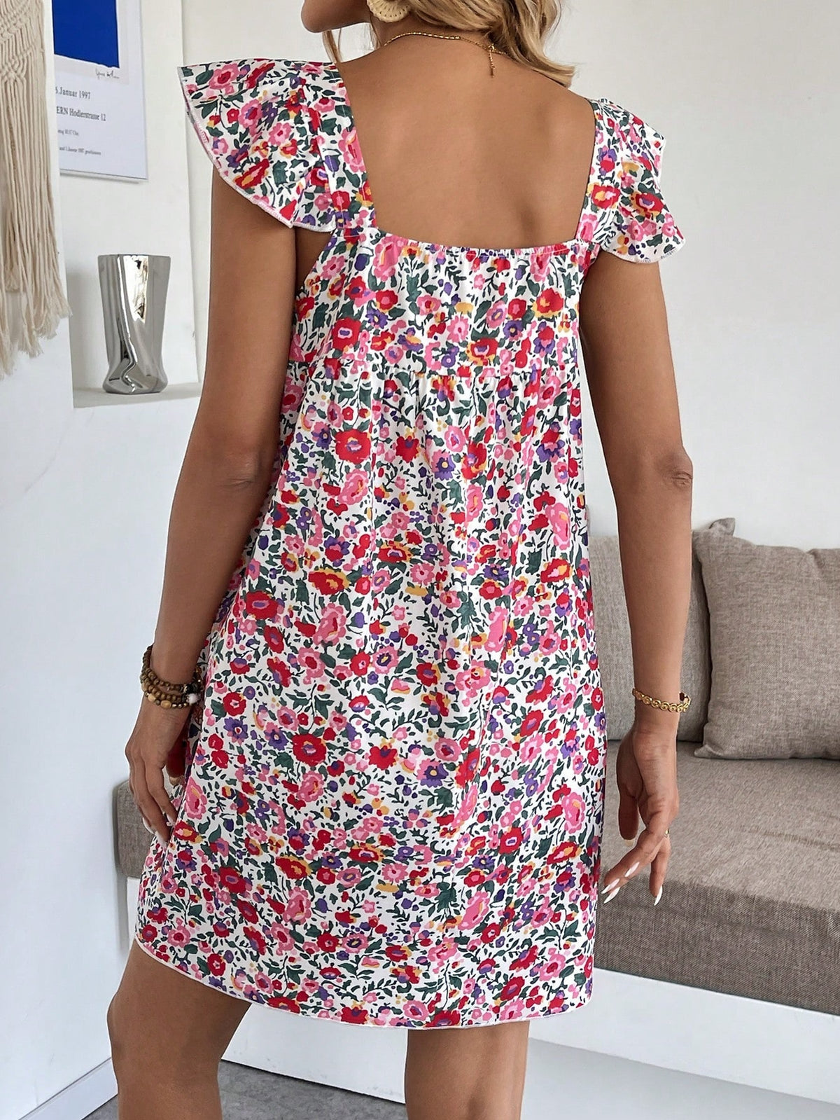 Square Neck Ditsy Floral Babydoll Mini Dress - Red - 1