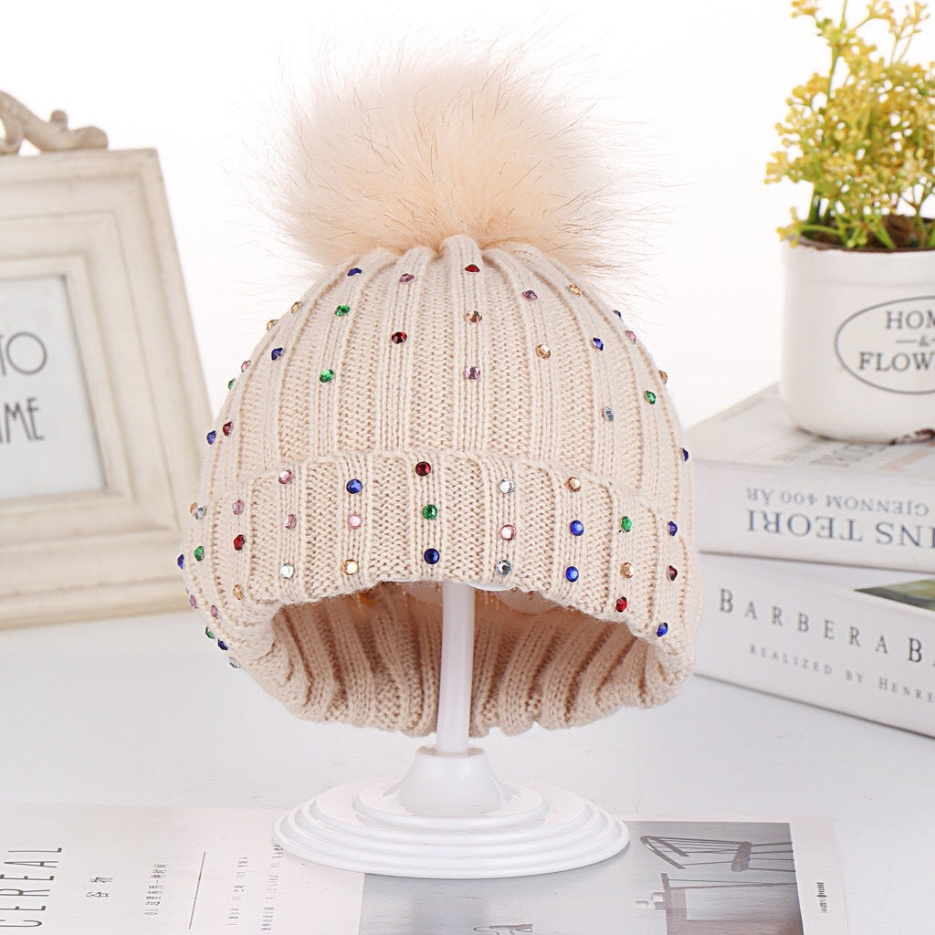 Rhinestone Knit Baby Beanie With Pom - Beige