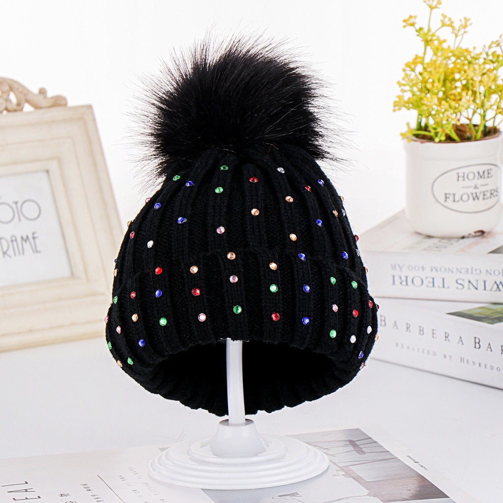 Rhinestone Knit Baby Beanie With Pom - Black