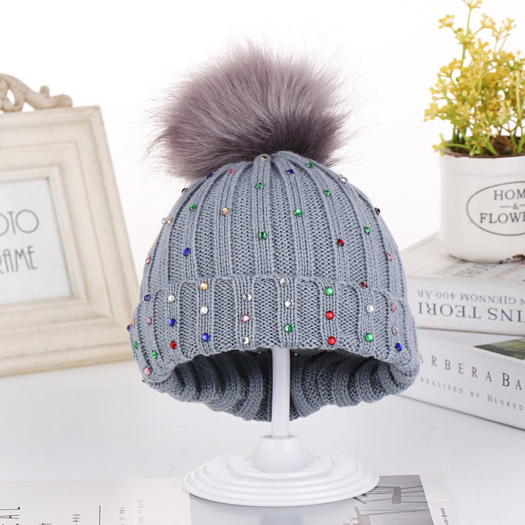 Rhinestone Knit Baby Beanie With Pom - Grey