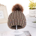 Rhinestone Knit Baby Beanie With Pom - Khaki