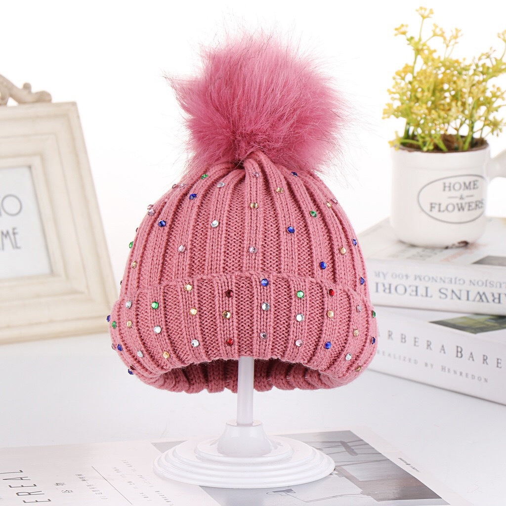 Rhinestone Knit Baby Beanie With Pom - LeatherPink