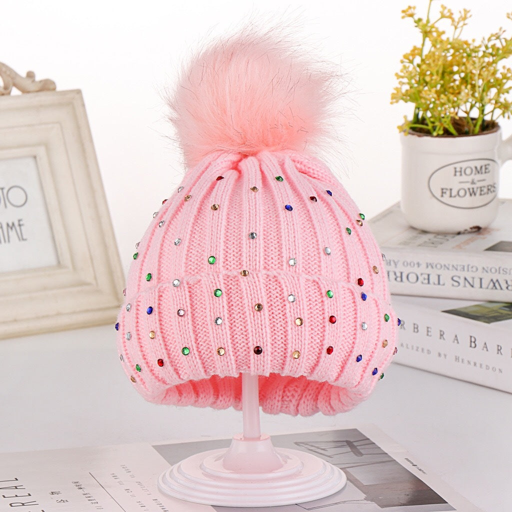 Rhinestone Knit Baby Beanie With Pom - Pink