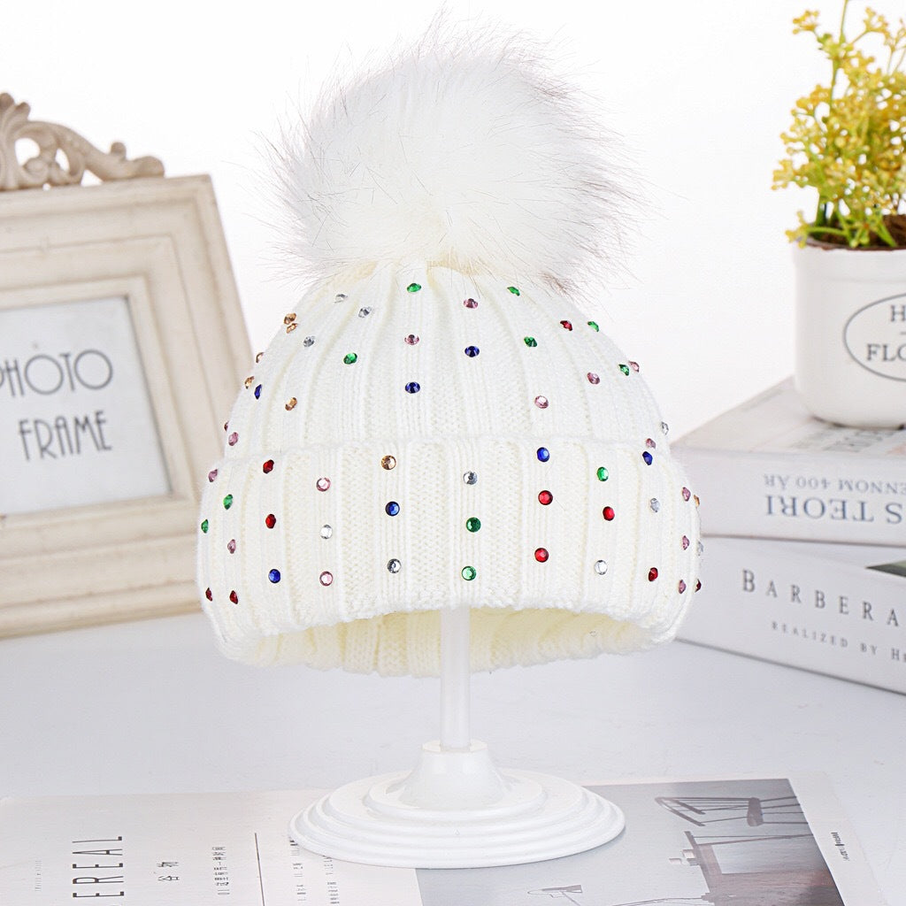 Rhinestone Knit Baby Beanie With Pom - White