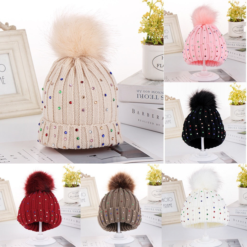 Rhinestone Knit Baby Beanie With Pom