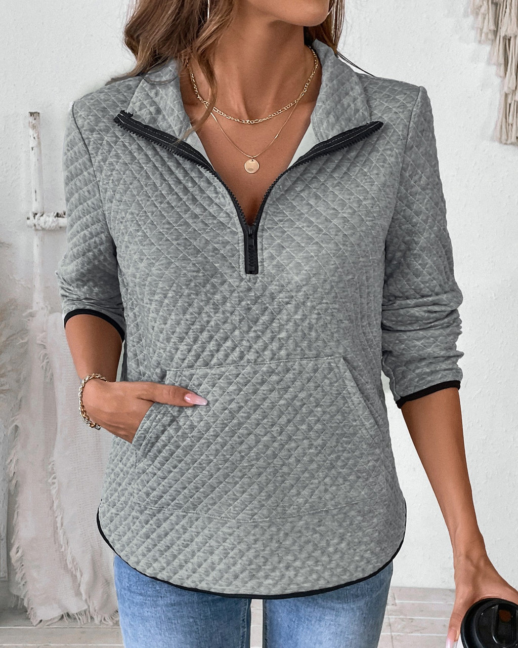 Quilted Half Zip Stand Collar Sweatshirt - Gray