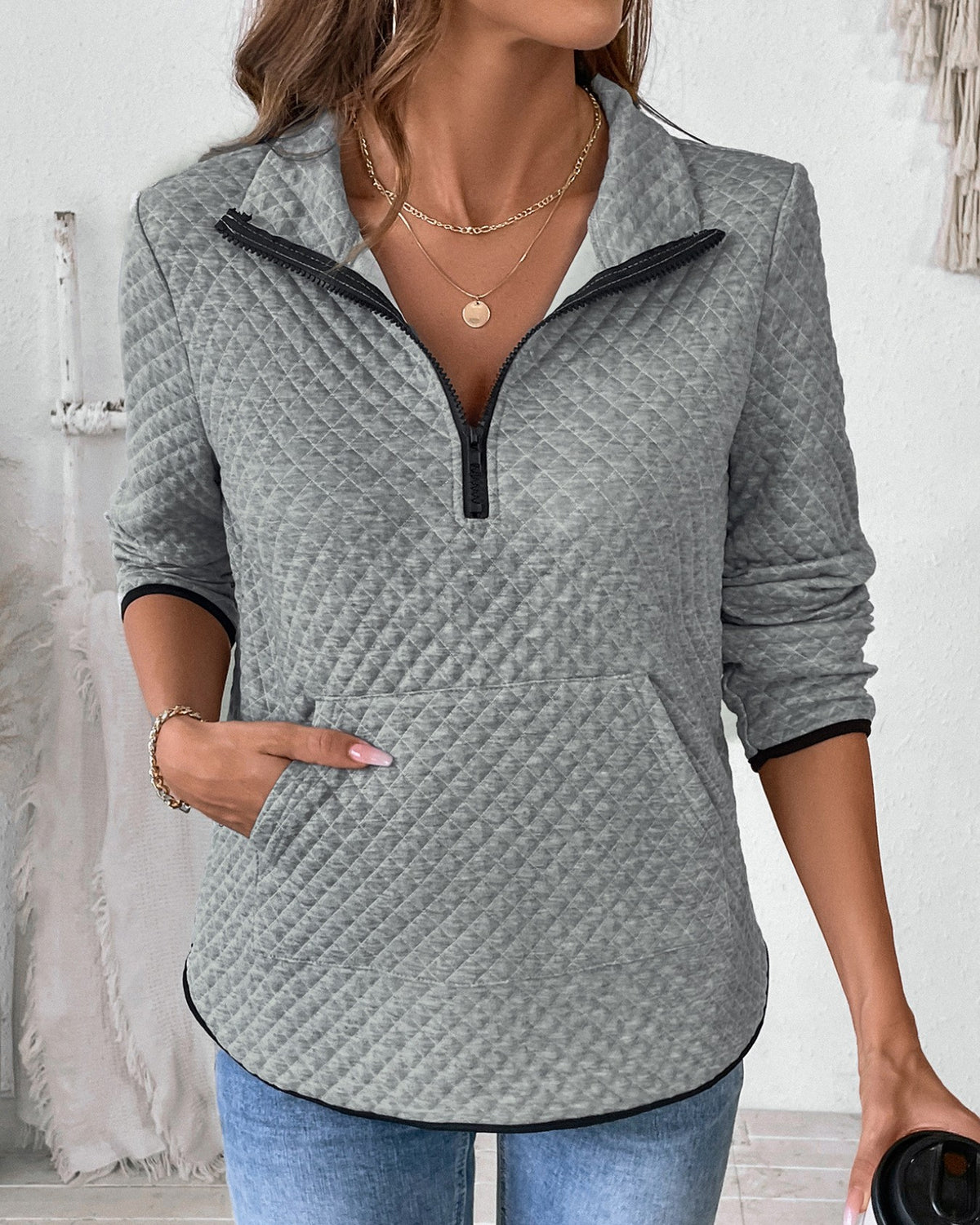 Quilted Half Zip Stand Collar Sweatshirt - Gray
