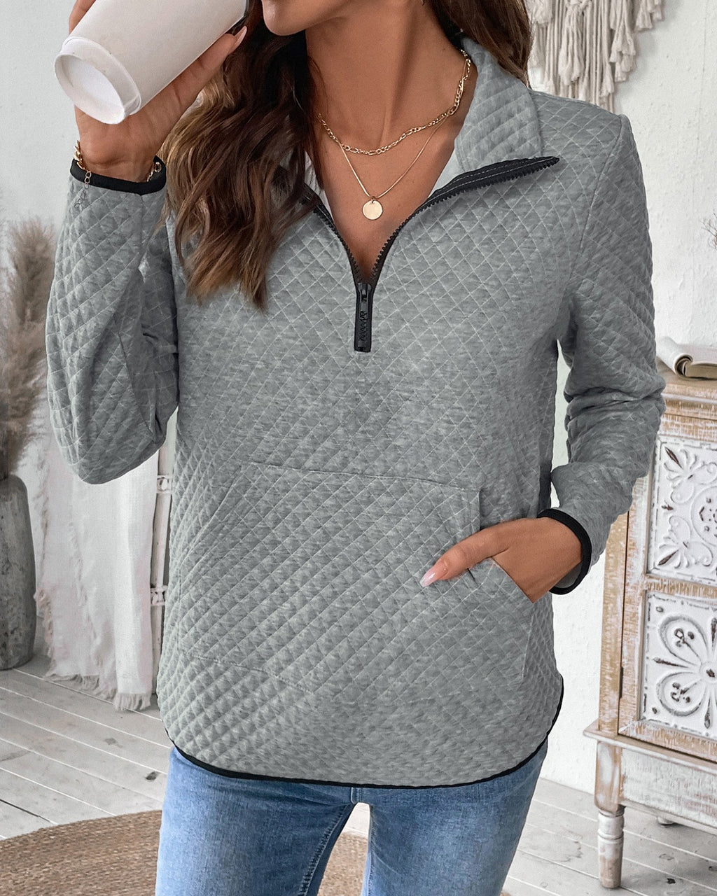 Quilted Half Zip Stand Collar Sweatshirt - Gray - 1