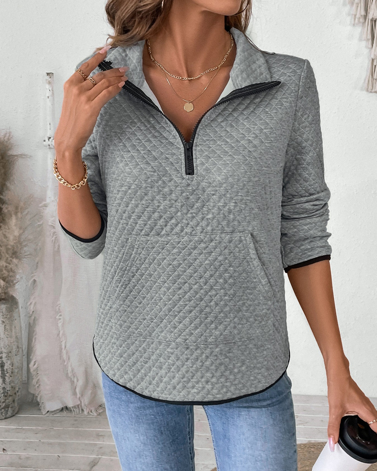 Quilted Half Zip Stand Collar Sweatshirt - Gray - 2
