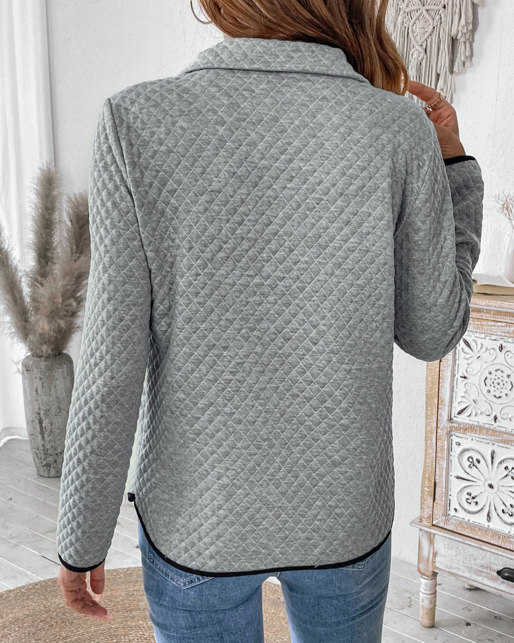 Quilted Half Zip Stand Collar Sweatshirt - Gray - 3