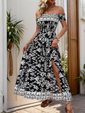 Off Shoulder Boho Print Maxi Dress With Slit - Black