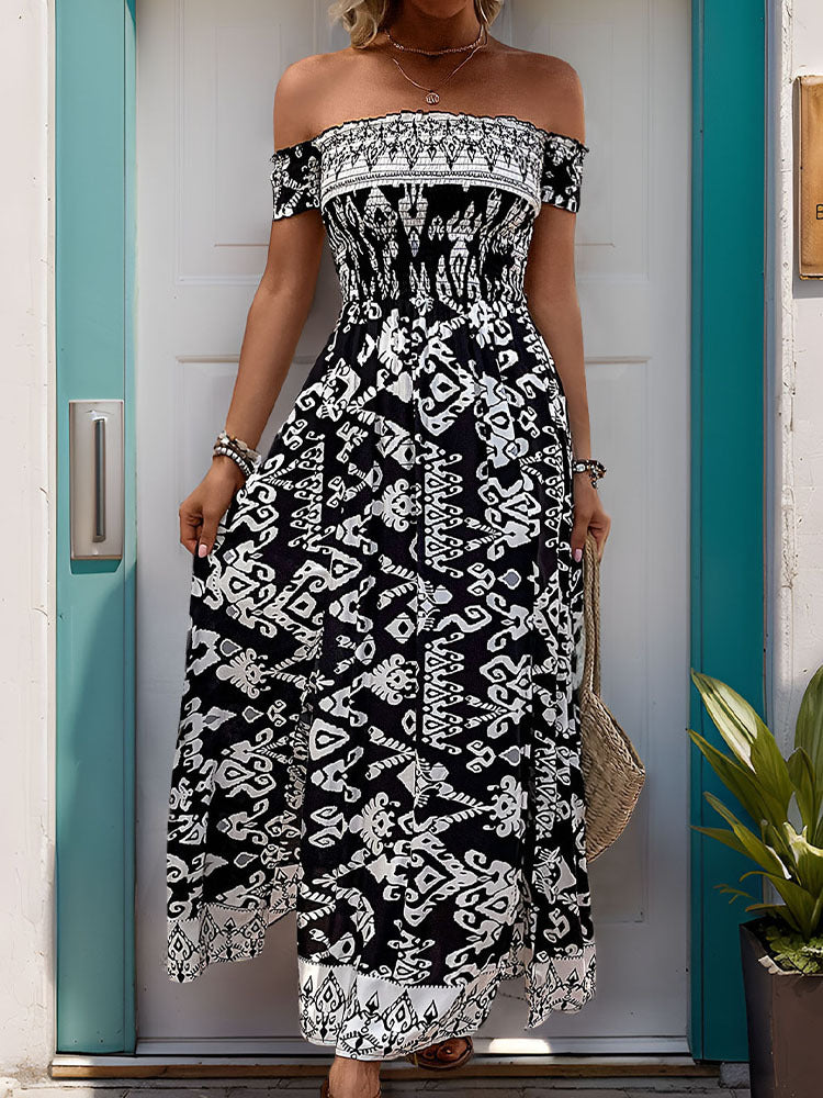 Off Shoulder Boho Print Maxi Dress With Slit - Black - 1