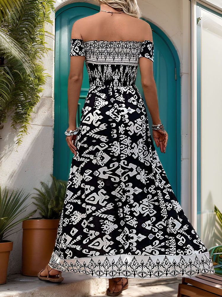 Off Shoulder Boho Print Maxi Dress With Slit - Black - 3
