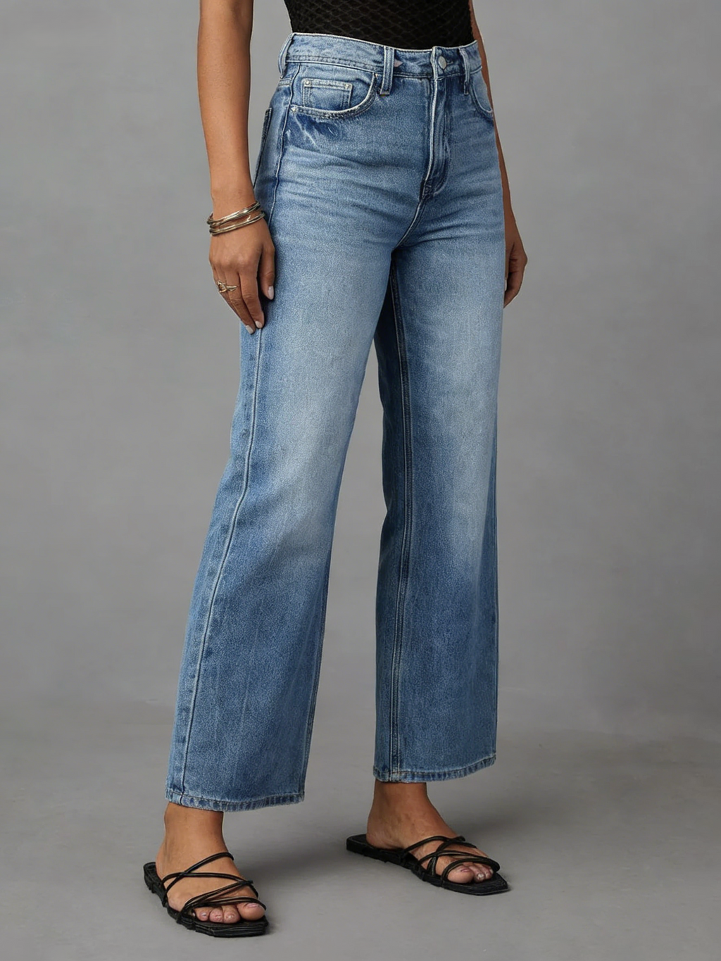 Faded Wash High Waist Wide Leg Jeans - LtBlue