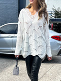 Lace Trim Pointelle Longline Knit Sweater - White