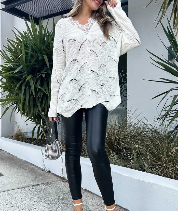 Lace Trim Pointelle Longline Knit Sweater - White - 1