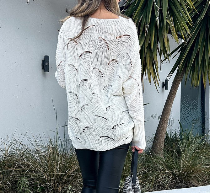 Lace Trim Pointelle Longline Knit Sweater - White - 3
