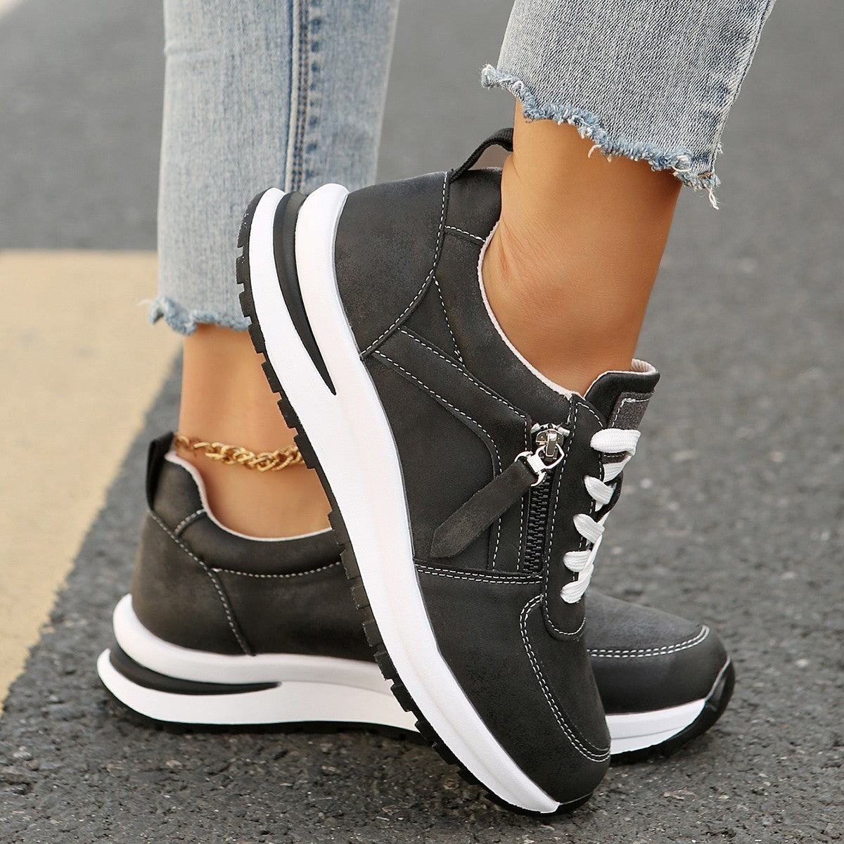 Faux Leather Side Zip Lace-Up Wedge Sneakers - Charcoal