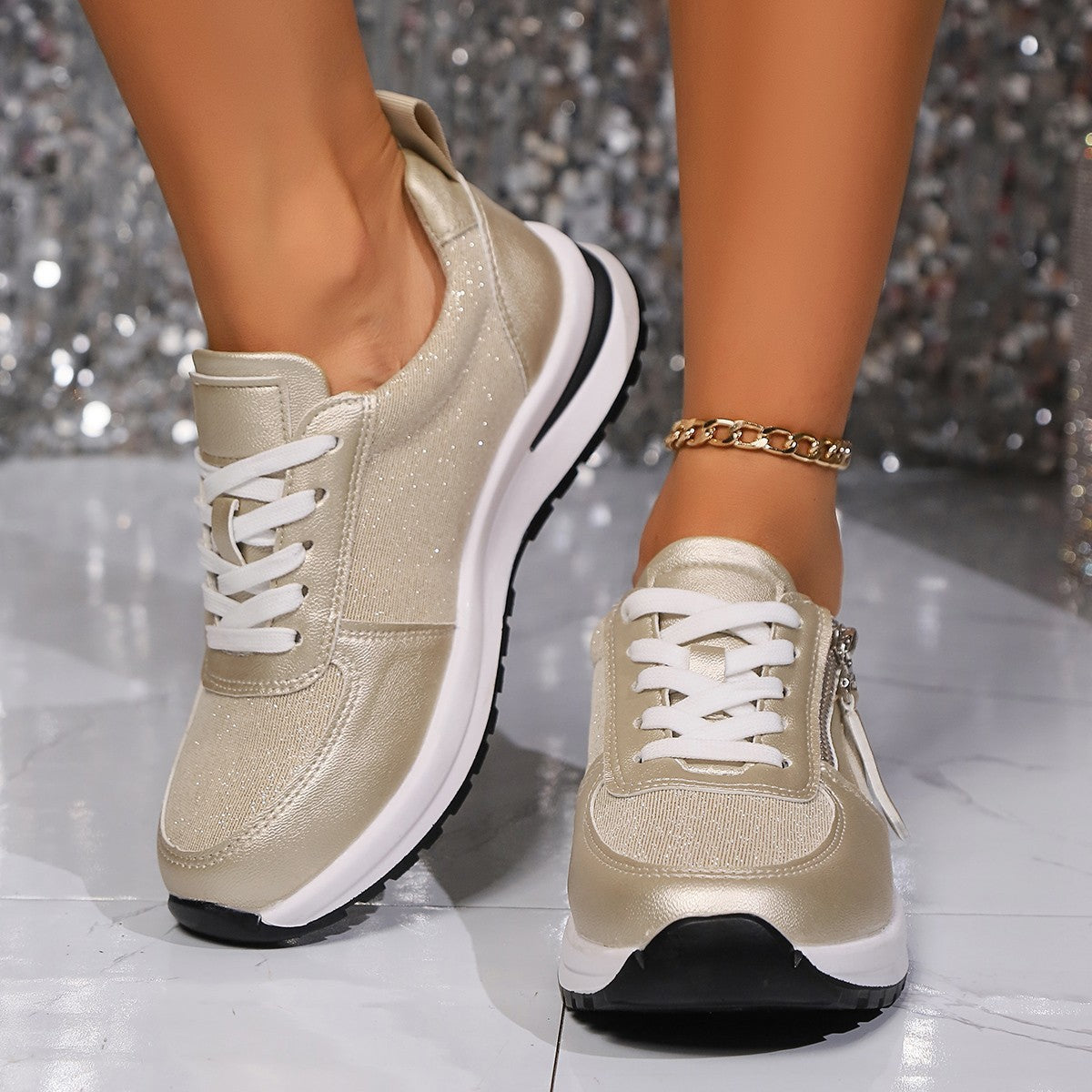 Faux Leather Side Zip Lace-Up Wedge Sneakers