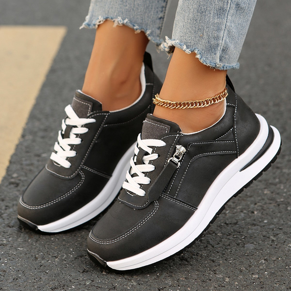 Faux Leather Side Zip Lace-Up Wedge Sneakers