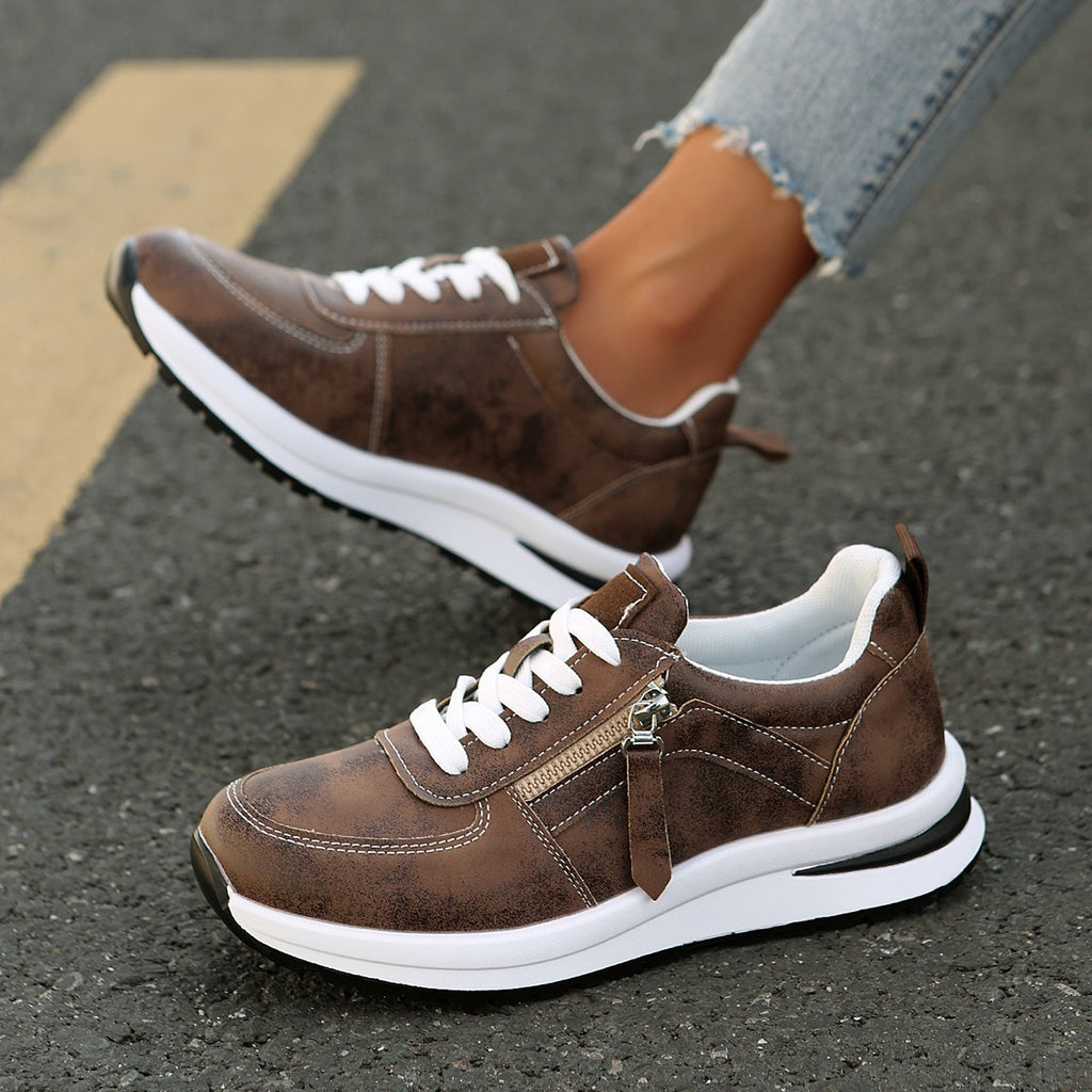 Faux Leather Side Zip Lace-Up Wedge Sneakers