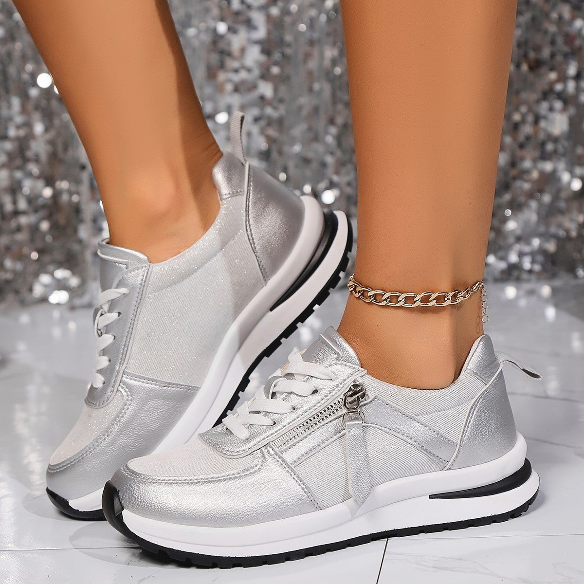 Faux Leather Side Zip Lace-Up Wedge Sneakers