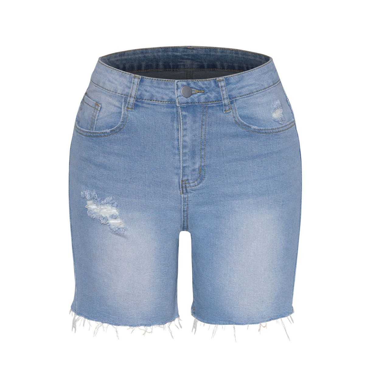 High Waist Ripped Raw Hem Denim Shorts - blue