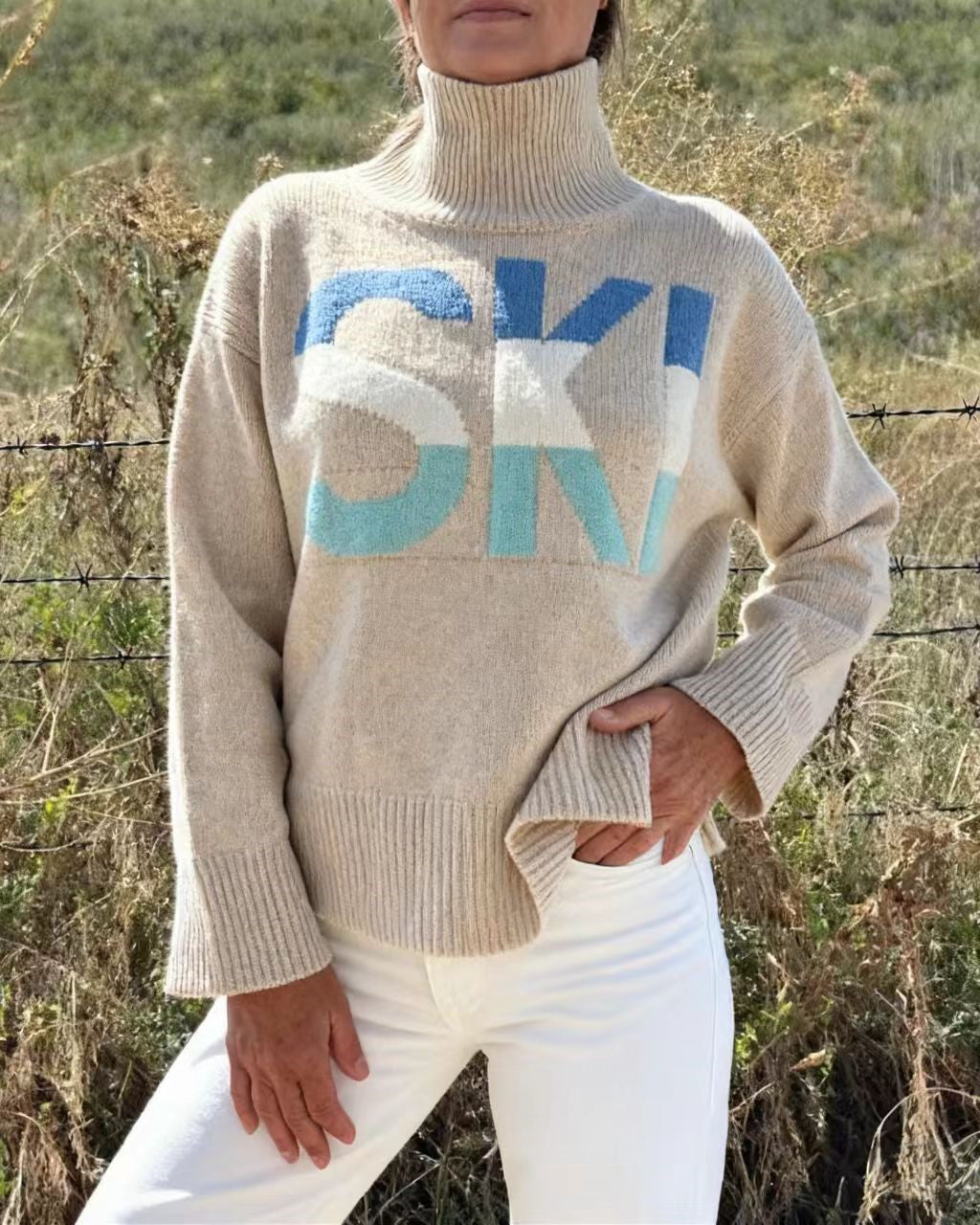 Intarsia Ski Letter Slouchy Turtleneck Sweater - Lotus