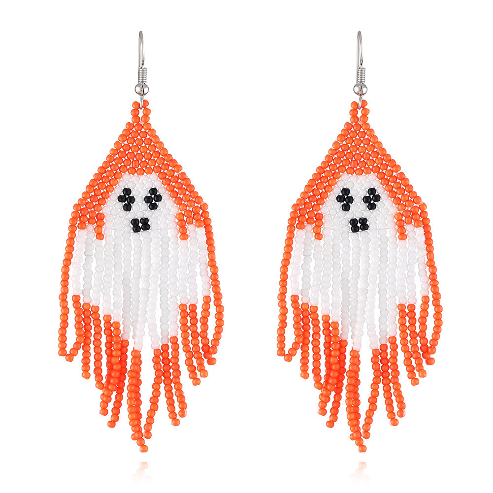 Pumpkin Ghost Seed Bead Fringe Earrings - Orange