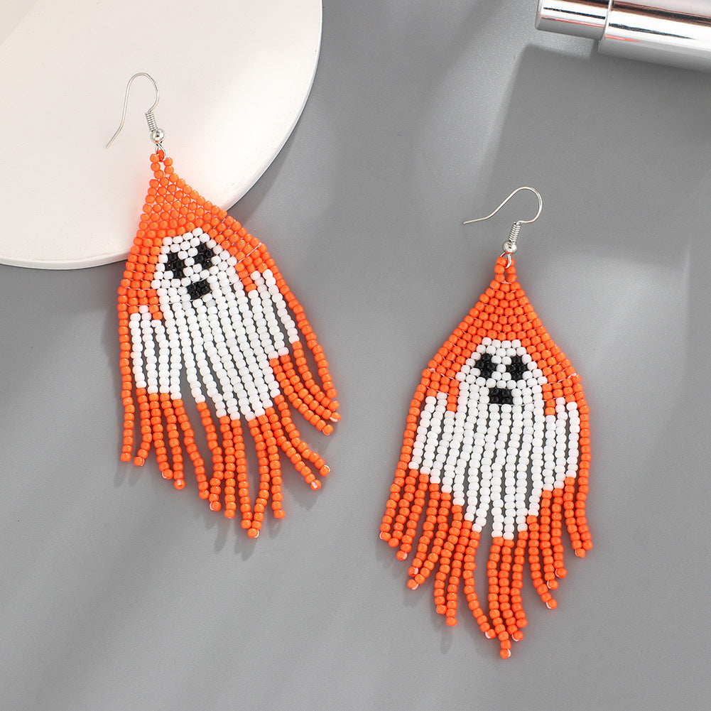 Pumpkin Ghost Seed Bead Fringe Earrings - Orange - 1